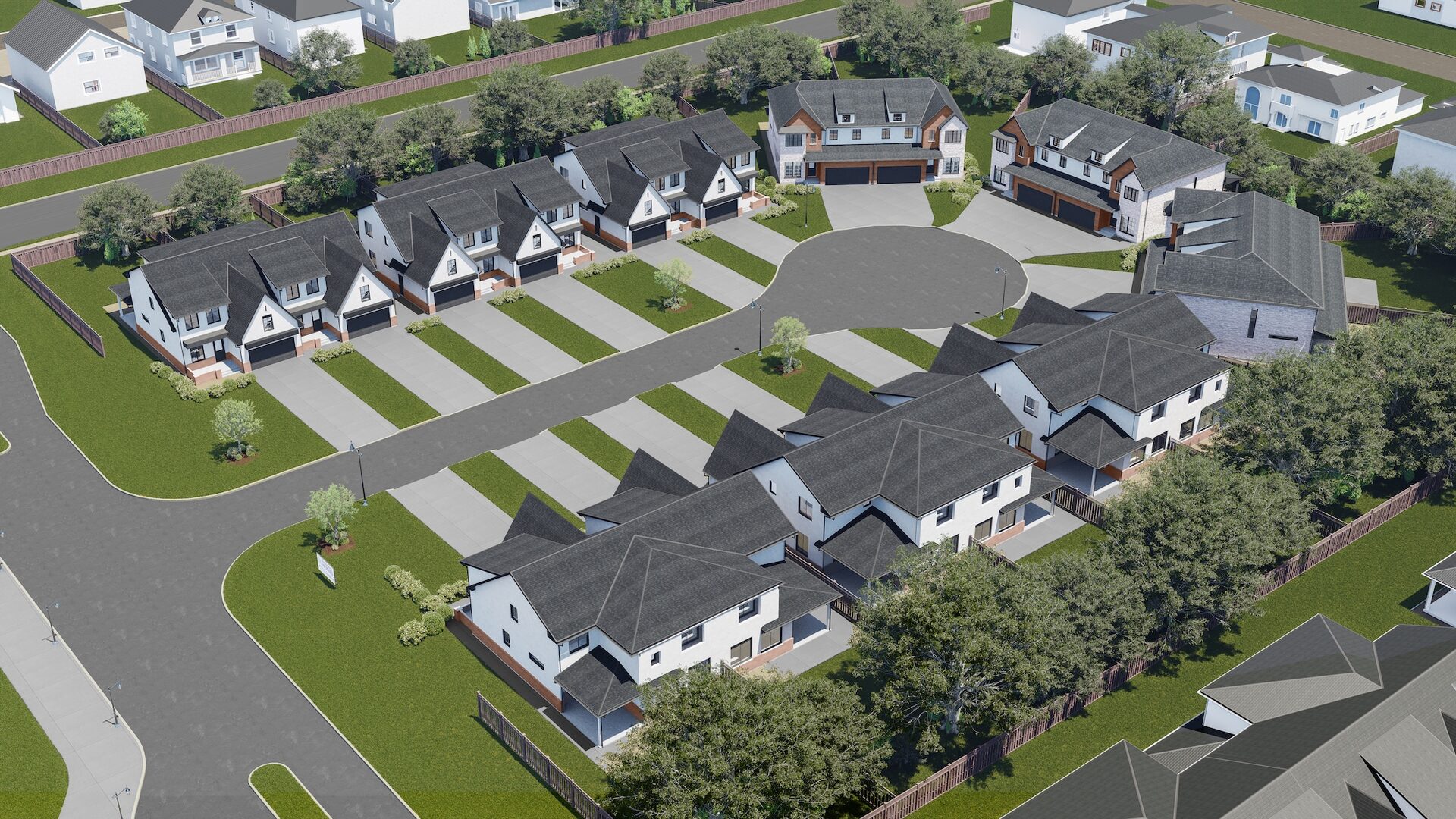 Architectural render of the Erie Isle community from above, showing the cul-de-sac and the rows of semi-detached homes